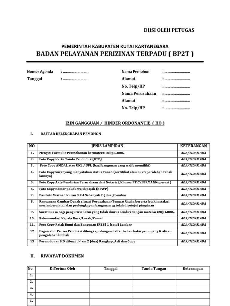Permohonan Izin Gangguan Ho Bp2t Kab Kutai Kartanegara Pdf