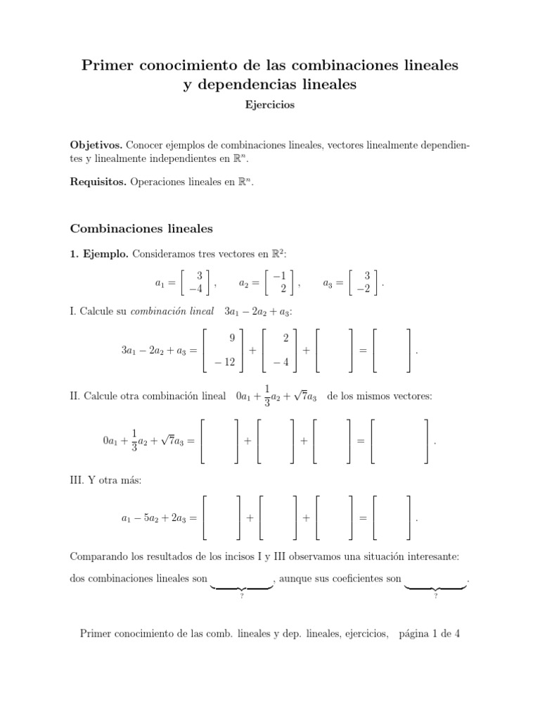 Linear Combinations First Look Exercises Es PDF Álgebra Álgebra lineal
