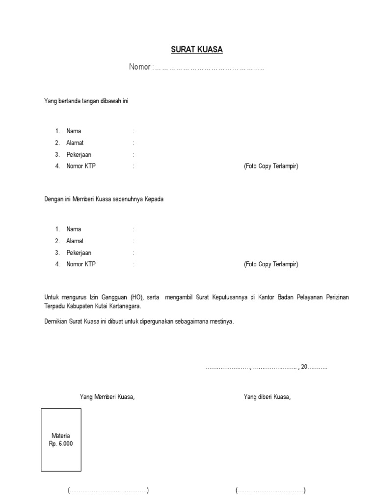 Surat Kuasa Pengurusan Izin Gangguan Ho