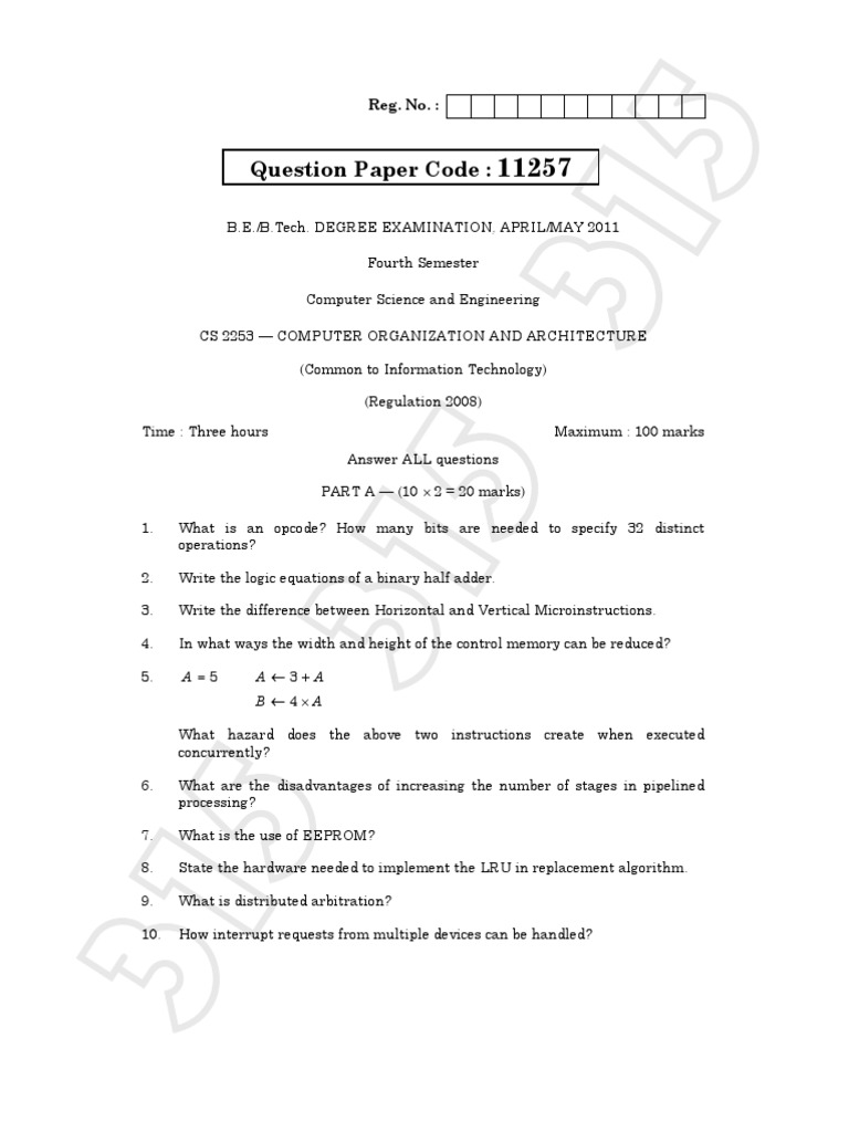 Computer Organization and Architecture Exam Questions Covering Opcodes