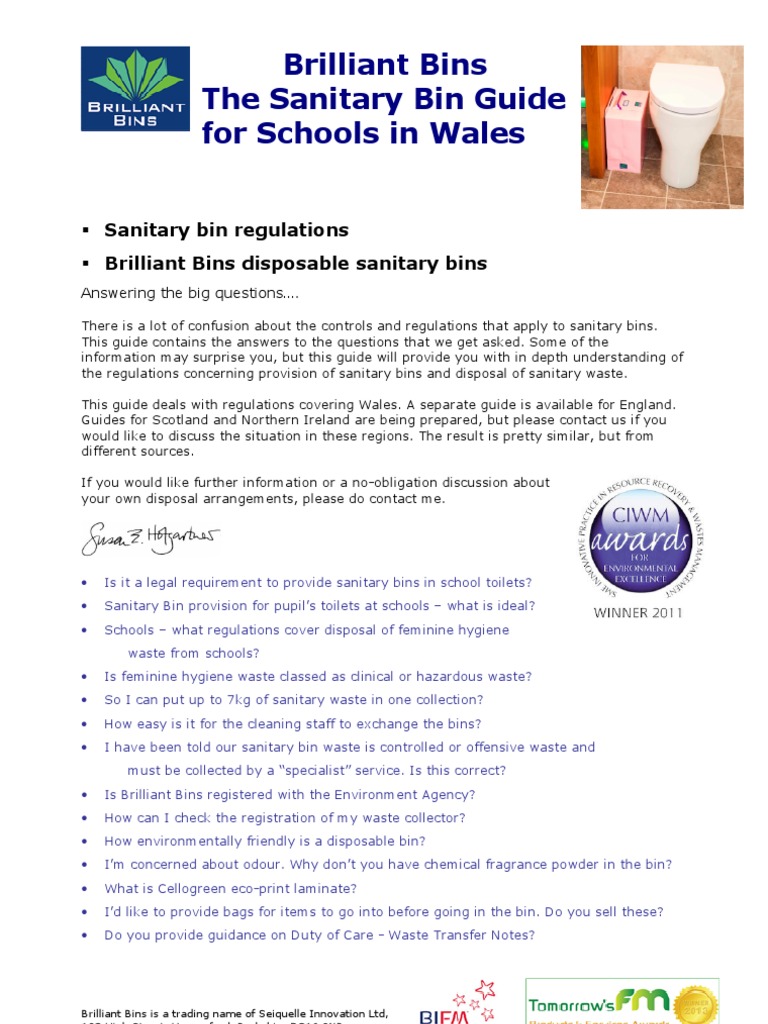 Brilliant Bins The Sanitary Bin Guide for Schools Wales Hygiene