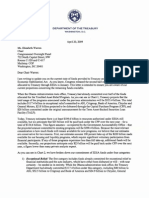 Letter to Elizabeth Warren, Chair of the Bailout Ovesight Committee from Treasury Secretary Geithner