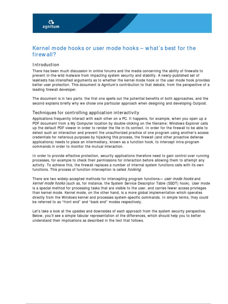 Kernel vs User Mode Hooks in Firewalls | PDF