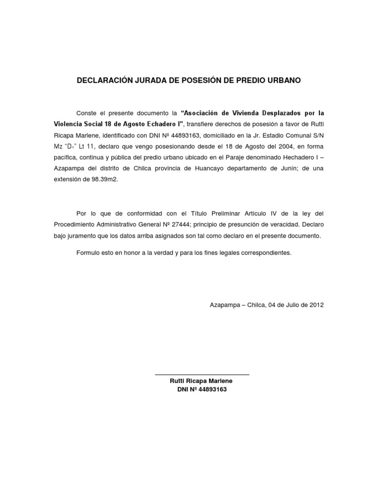 DECLARACI N JURADA DE POSESI N DE PREDIO URBANO