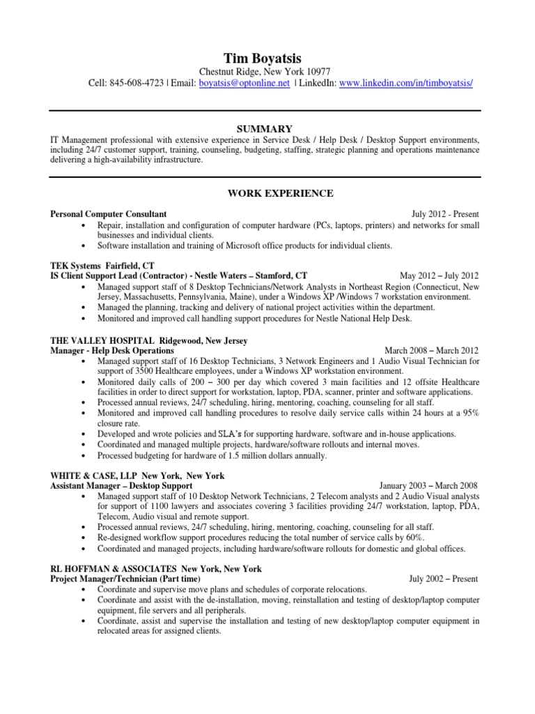 Manager Help Service Desk In Nyc Resume Tim Boyatsis Local Area
