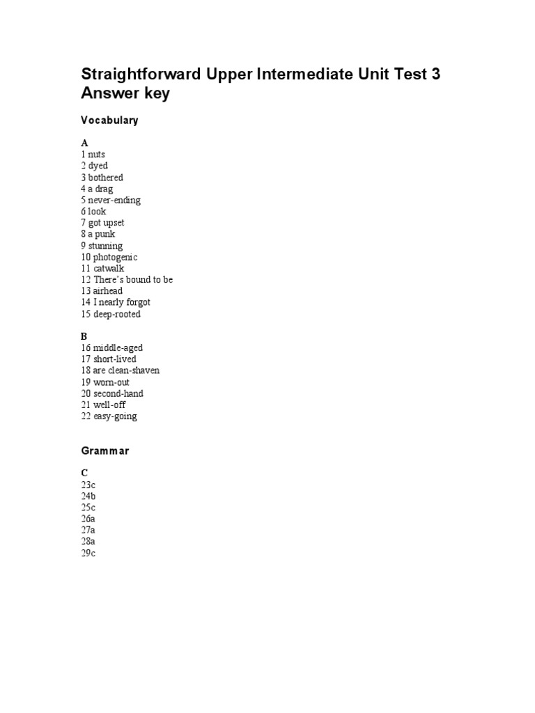 Straightforward Upper Intermediate Unit Test 3 Answer Key