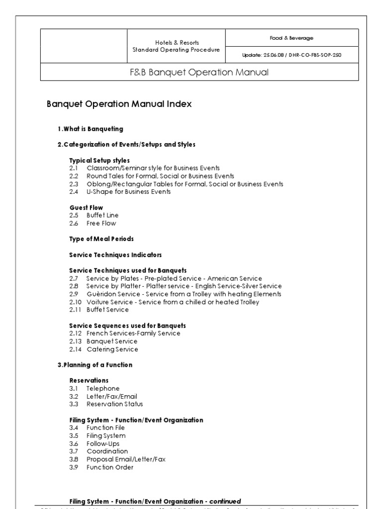Banquet Operation Manual Pdf Buffet Menu