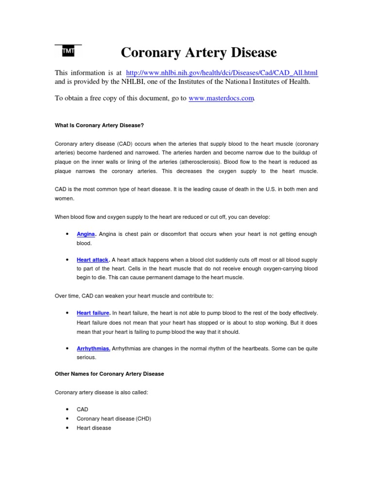 Coronary Artery Disease Pdf Angina Pectoris Coronary Artery Disease