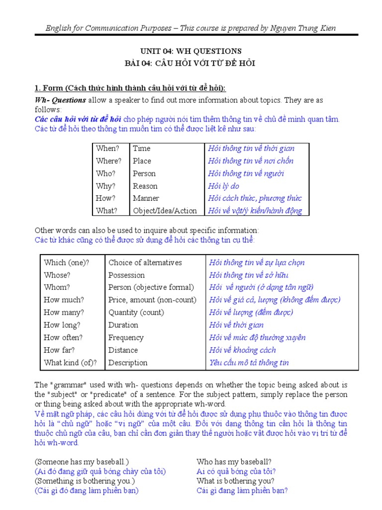 WH Questions - Unit 04 (Bilingual Vietnamese-English | PDF