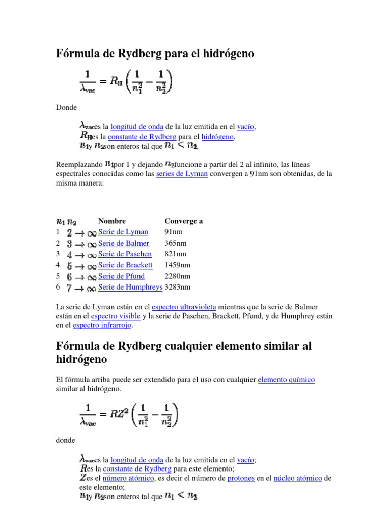 Fórmula de Rydberg para el hidrógeno | PDF