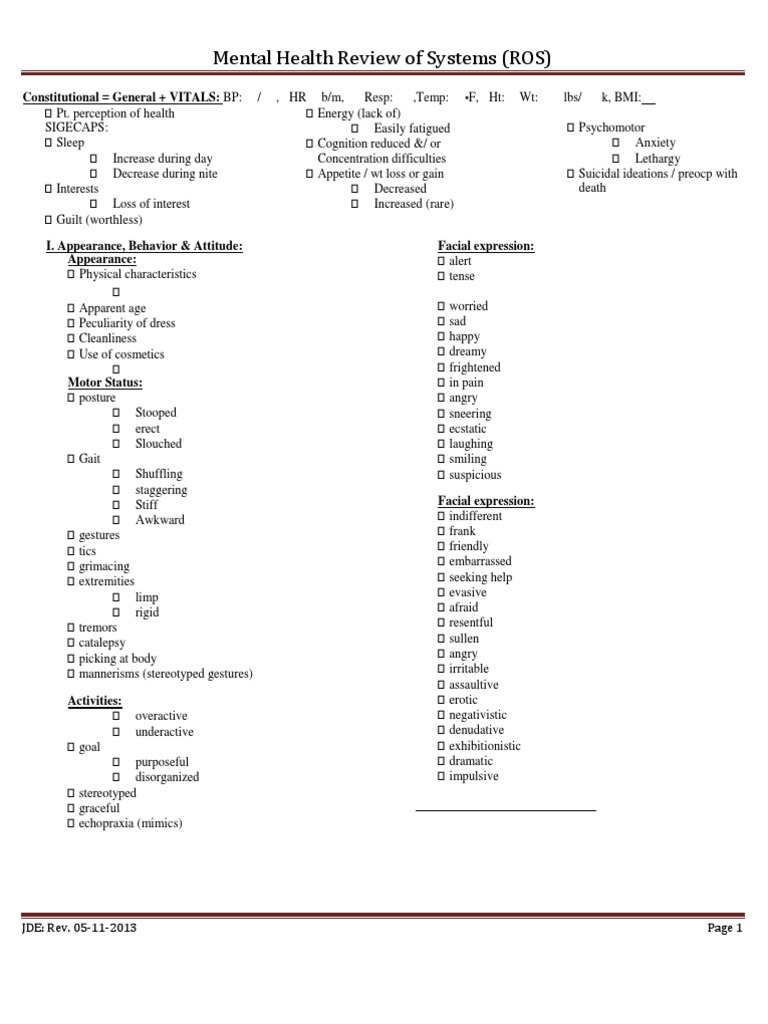 ROS For Psych Checklist | PDF | Recall (Memory) | Affect (Psychology)