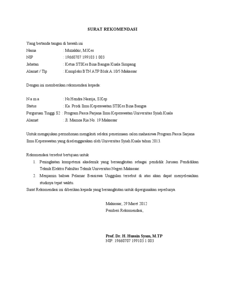 128789023 Surat Rekomendasi Beasiswa Unggulan Dikti 2102020 Berikut ini contoh dari surat rekomendasi beasiswa unggulan 2020 dari dosen civitas akademik atau atas kerja.