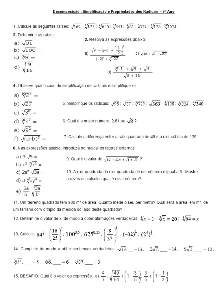 Exercícios sobre simplificação de radicais - Toda Matéria