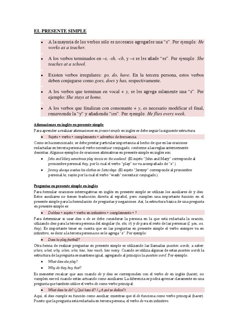 Estructura del Presente Simple en Inglés | PDF | Verbo | Asunto (gramática)