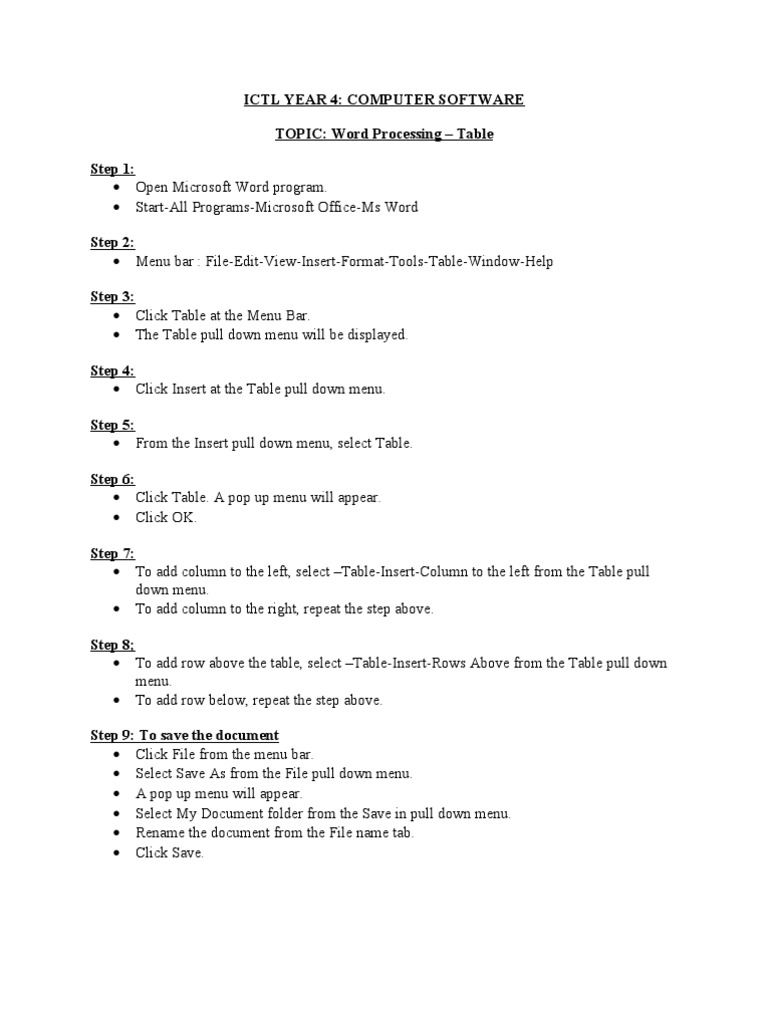 Word Processing: Creating Tables in Word | PDF