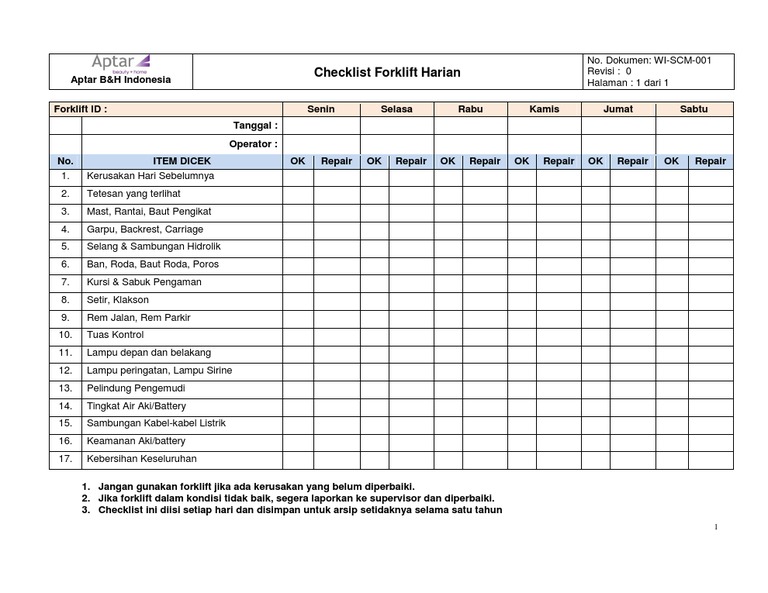 Ceklist Forklift Harian