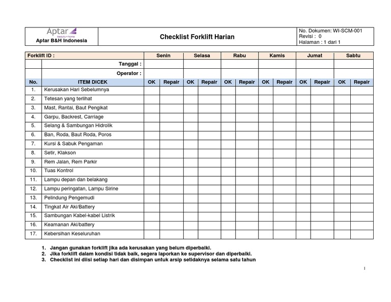 Ceklist Forklift Harian
