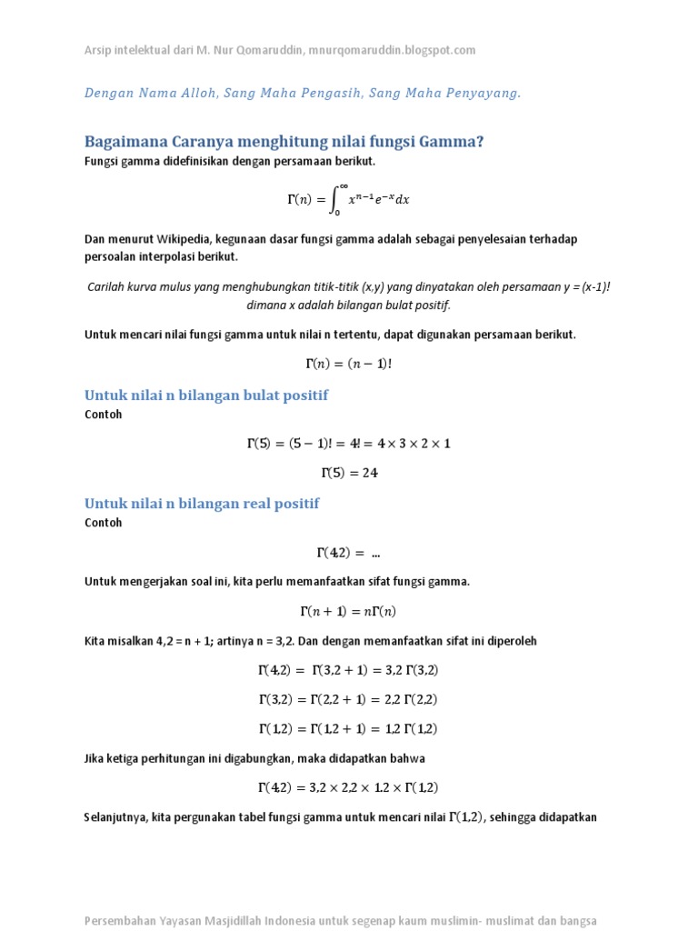 Cara Menghitung Nilai Fungsi Gamma | PDF