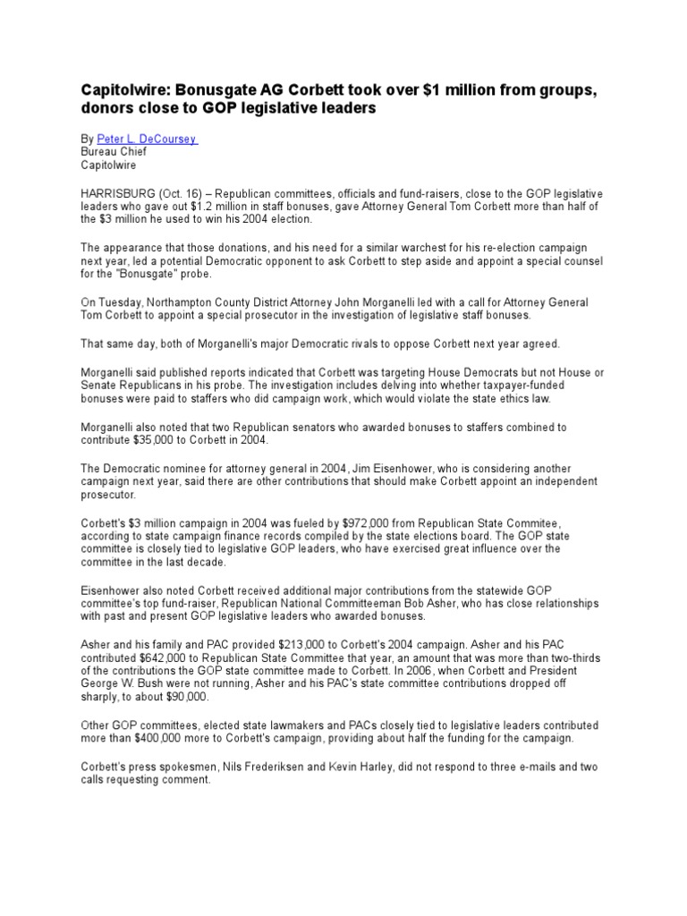 Capitolwire: Bonusgate AG Corbett Took Over $1 Million From Groups ...