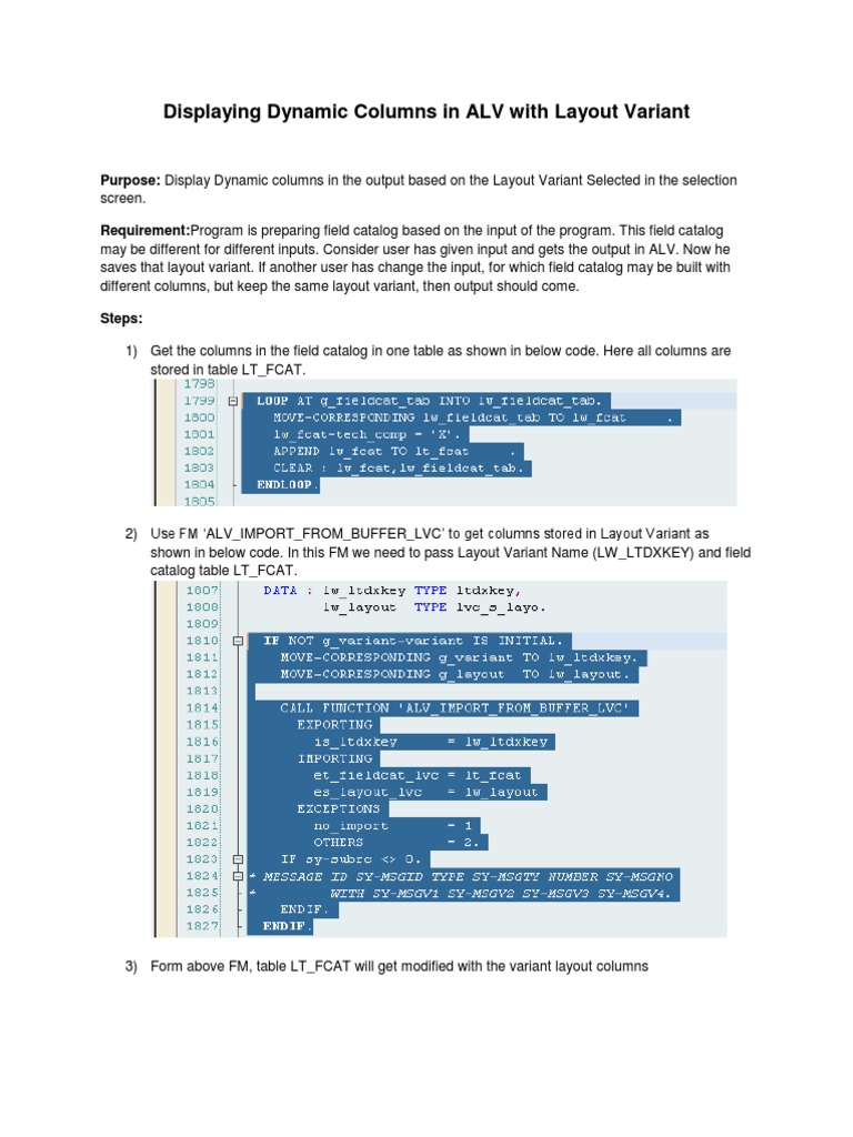 Dynamic ALV Columns with Layout Variant | PDF