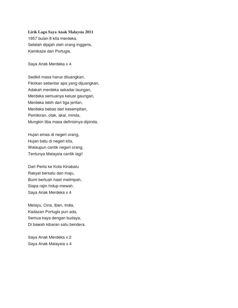 Lirik Lagu Saya Anak Malaysia 2011 Pdf