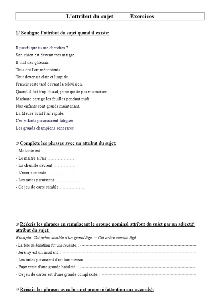Exercice De Grammaire Cm2 à Imprimer Exercices de Grammaire cm2 - Cycle 3 Lattribut Du Sujet 2 | PDF