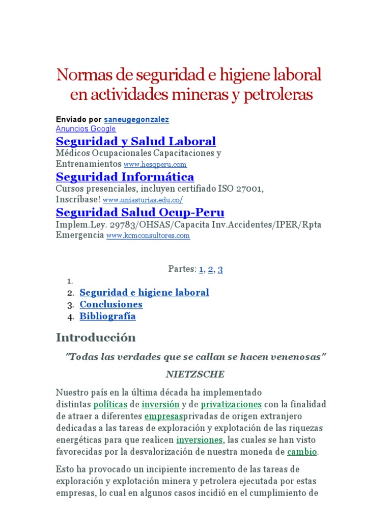 Normas de Seguridad e Higiene Laboral en Actividades Mineras y ...