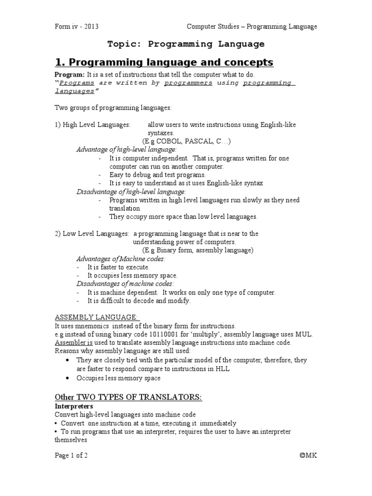 Topic: Programming Language 1. Programming Language and Concepts | PDF ...