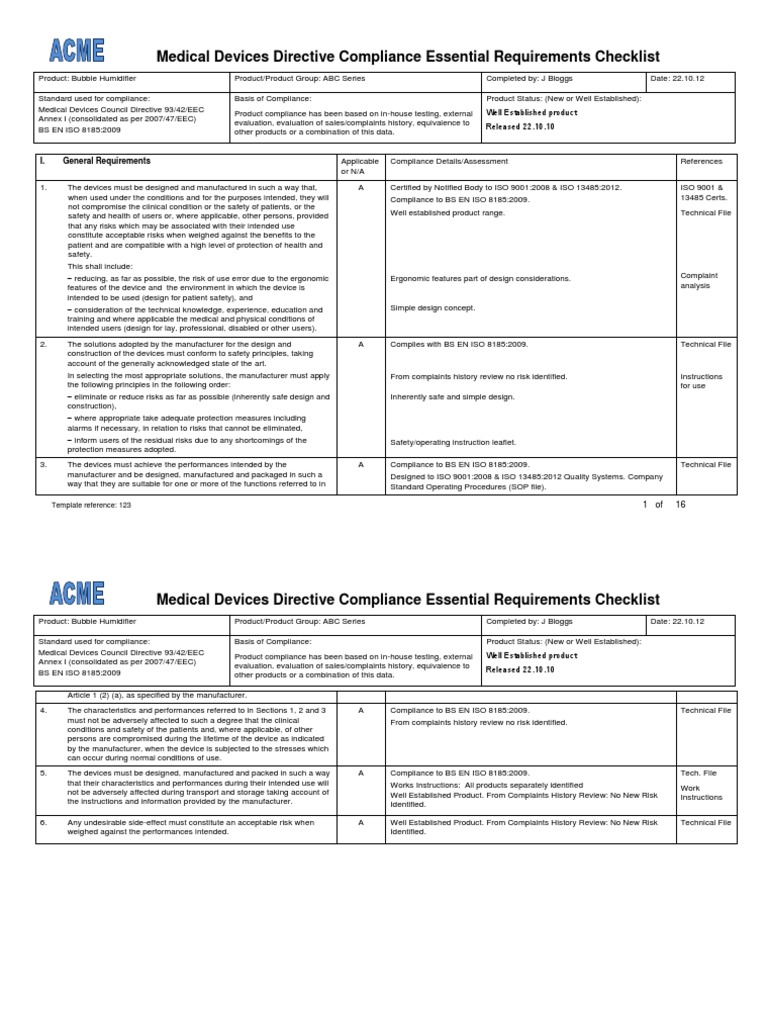 93-42-EC ER Checklist Example | PDF | Medical Device | Risk Management