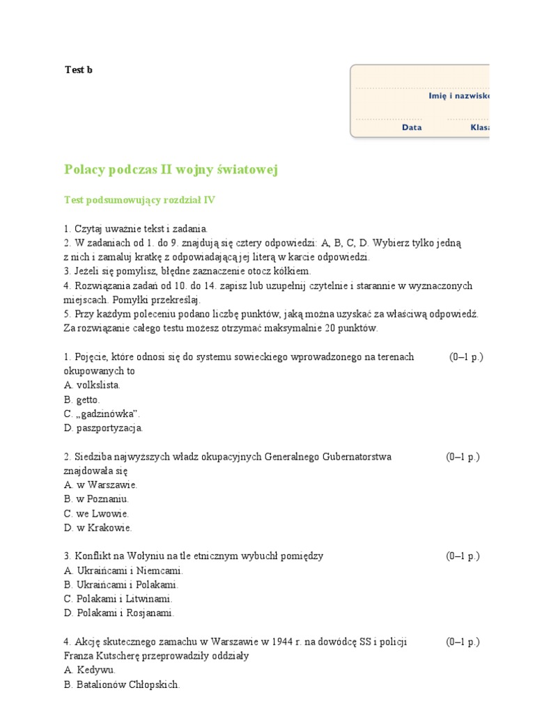 Polacy Podczas Ii Wojny światowej Sprawdzian Klasa 8 Nowa Era