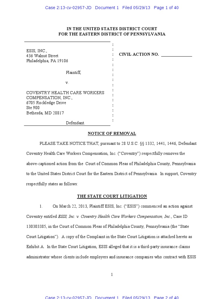 ESIS, INC. v. COVENTRY HEALTH CARE WORKERS COMPENSATION, INC. Complaint ...
