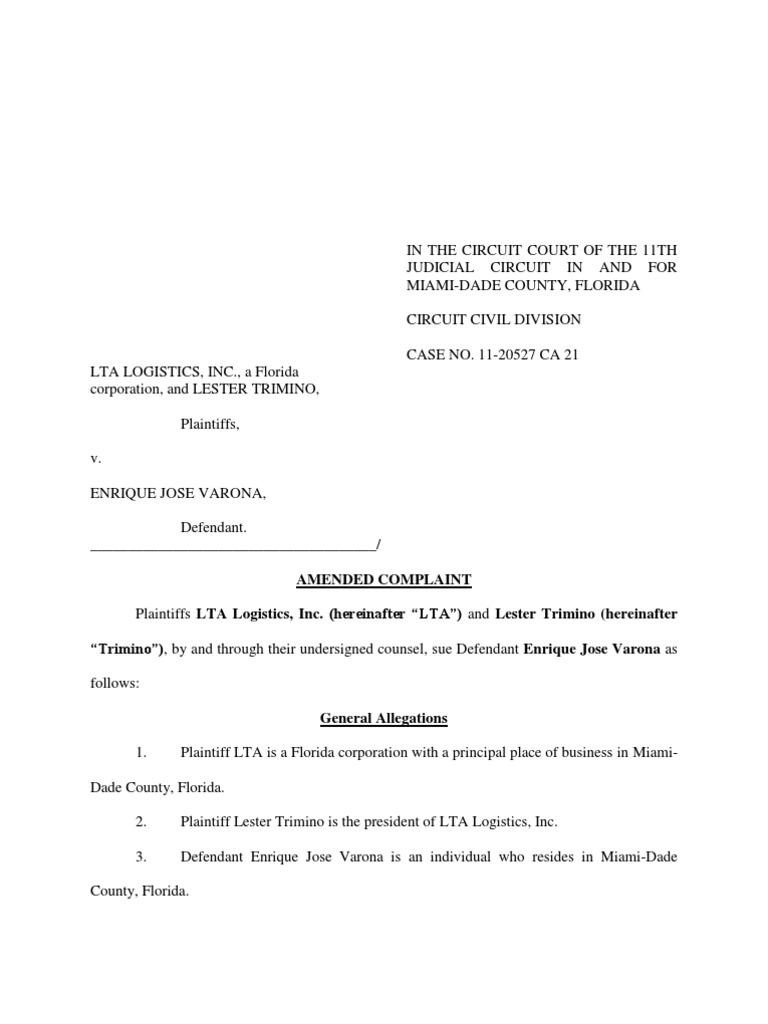 Amended Complaint Florida Corporation vs Enrique Varona Miami FL Defamation Tortious