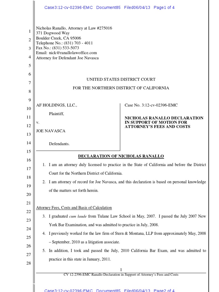 85 MainPrenda CAND Motion For Attorneys' Fees Renallo Declaration