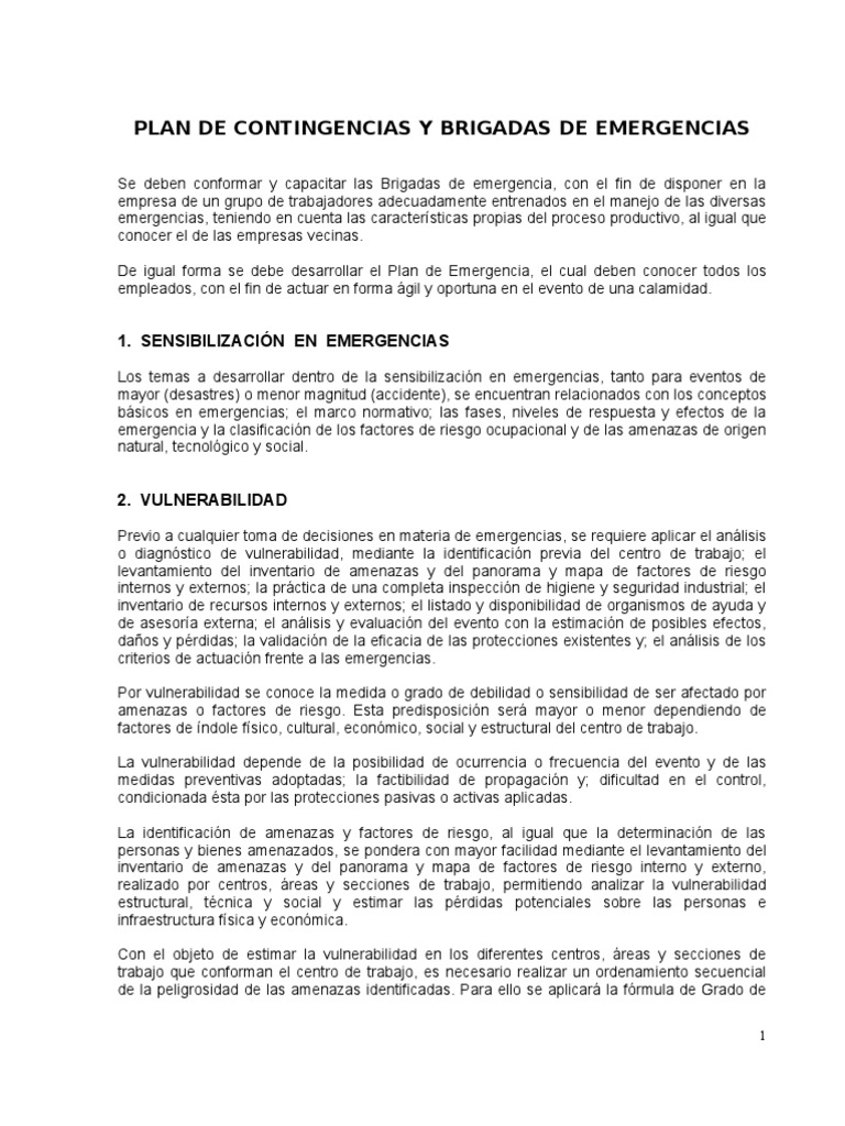 Plan de Emergencias y Brigadas | PDF | Vulnerabilidad | Riesgo