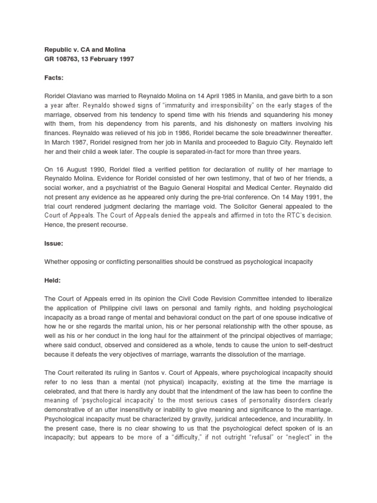 Molina Case: Psychological Incapacity Ruling | PDF