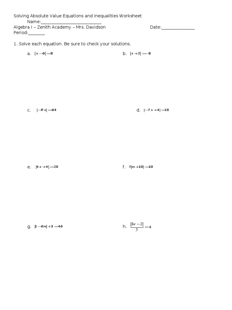 Solving Absolute Value Equations and Inequalities WS Intended For Solving Absolute Value Equations Worksheet