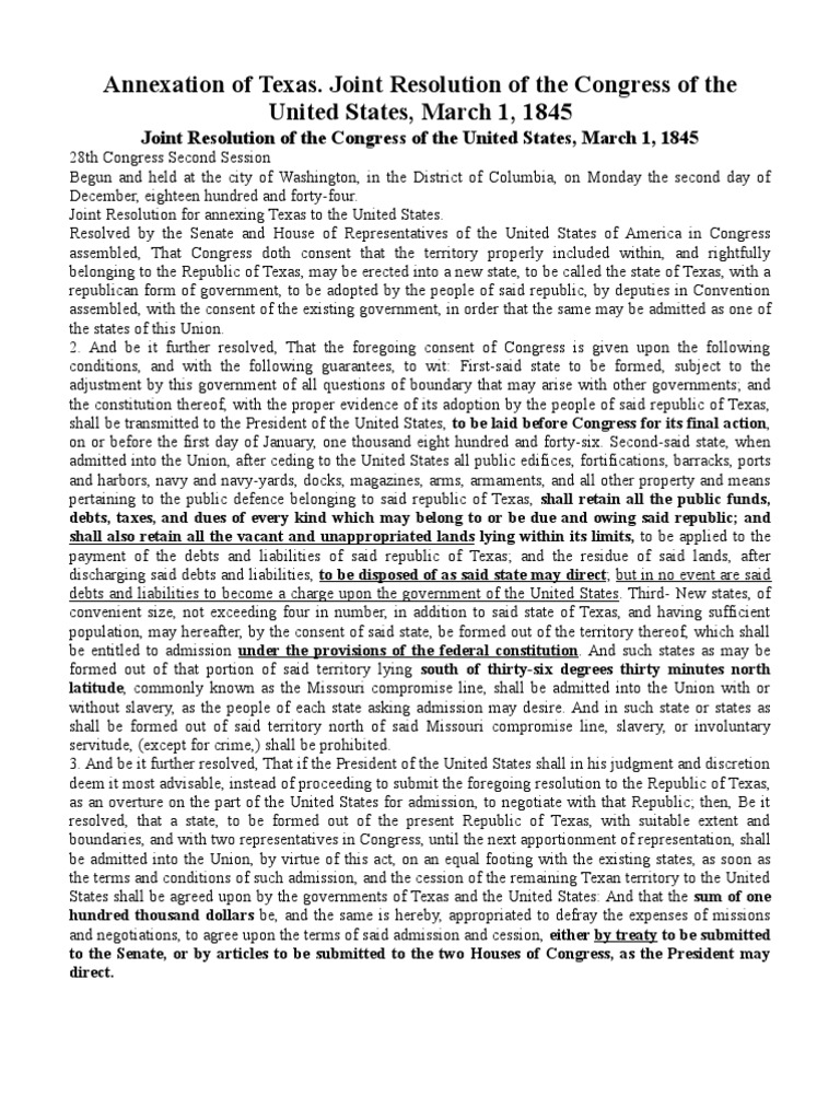 Annexation of TexasJoint Resolution March 1, 1845 PDF U.S. State