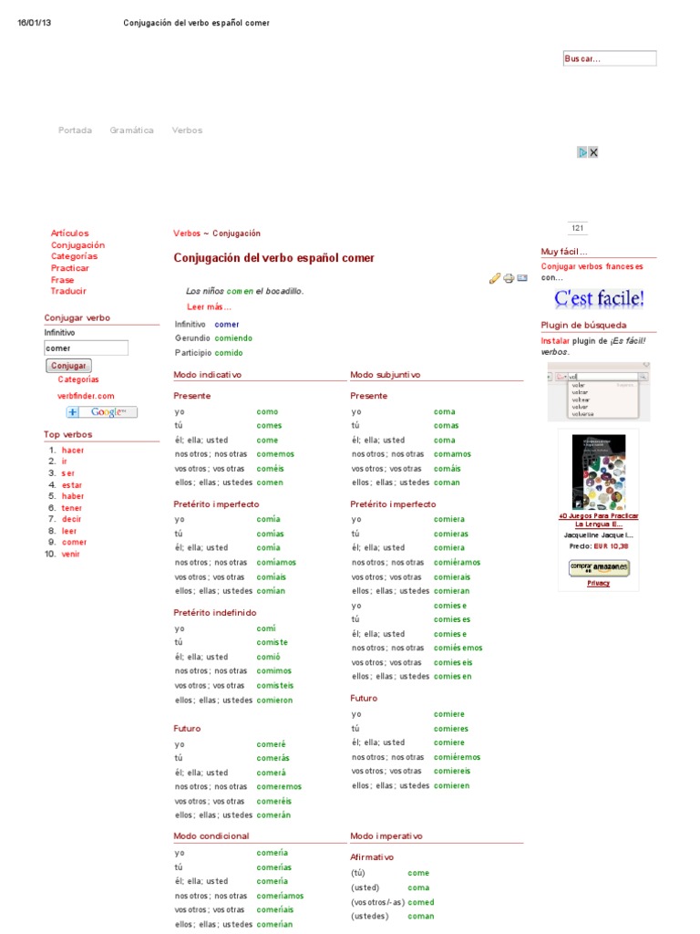 Conjugación Del Verbo Español Comer | Descargar gratis PDF ...