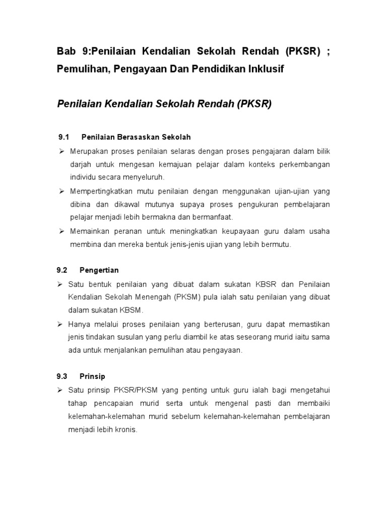 Penilaian Kendalian Sekolah Rendah Pksr Pemulihan Pengayaan Dan Pendidikan Inklusif Pdf