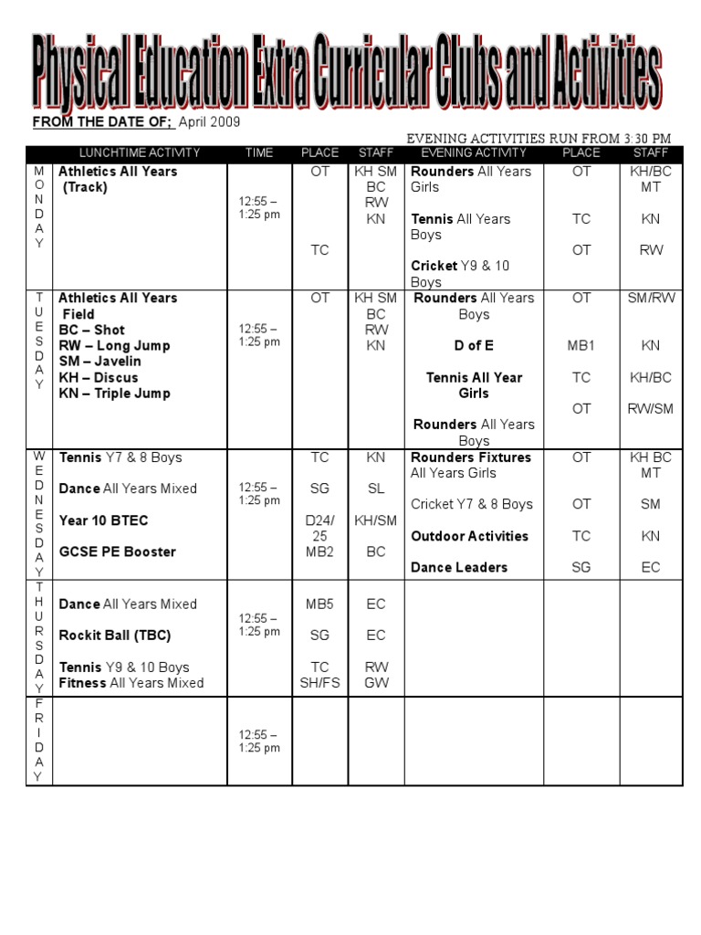 Weekly Evening Activity Schedule | PDF | Summer Olympic Sports | Recreation