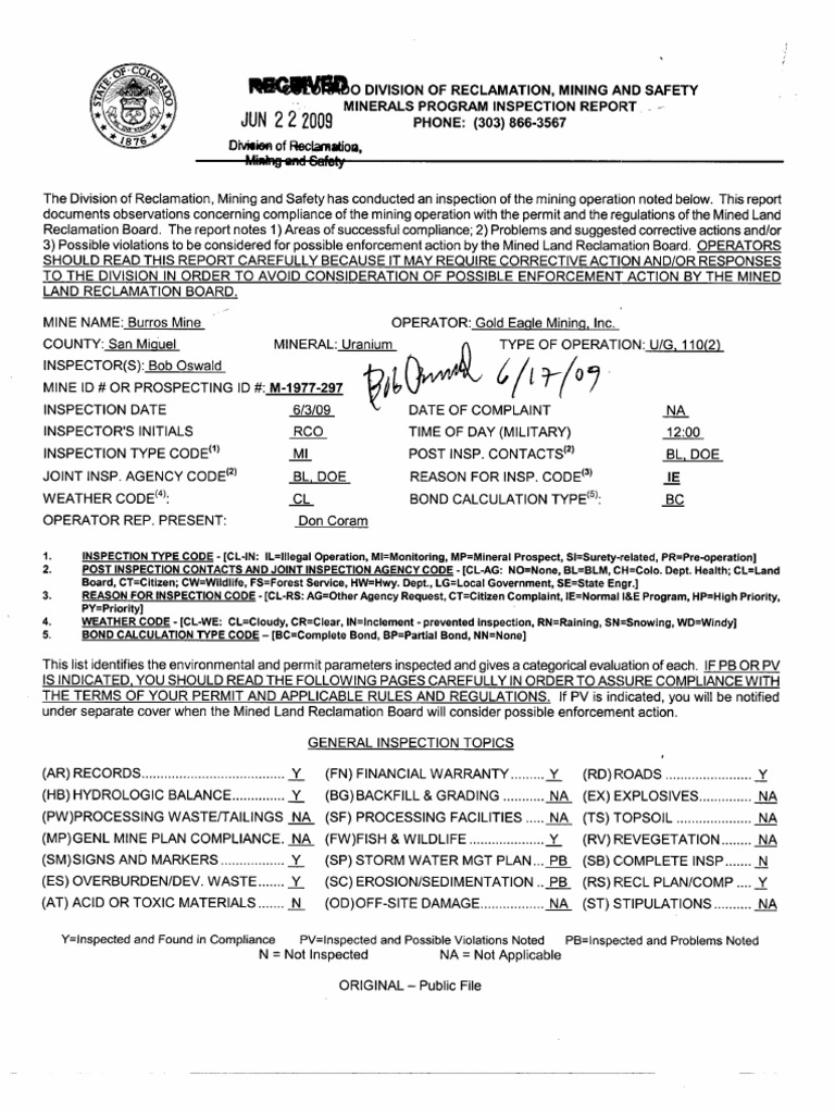 Burros Mine Inspection Report, June 2009 | PDF | Mining | Road