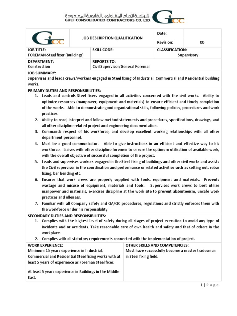 Steel Fixer Foreman Job Description | PDF | Occupational Safety And ...