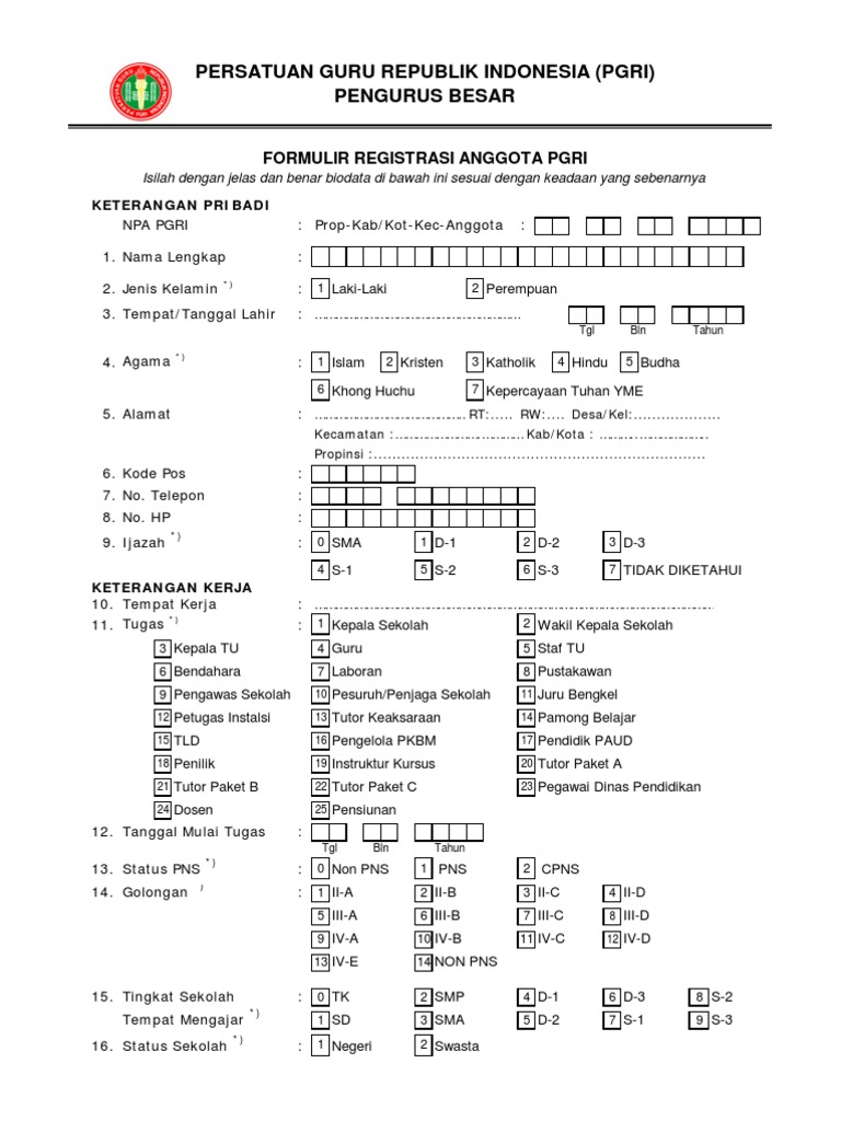 Formulir Registrasi Anggota Pgri