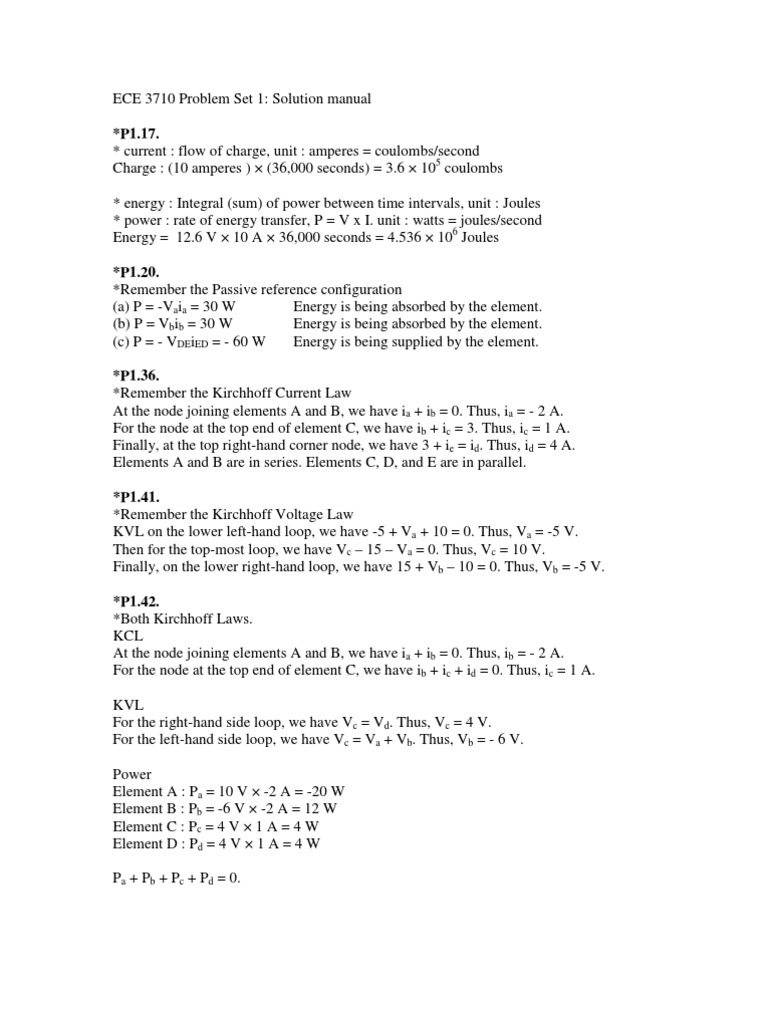 ECE Problem Set 1 Solutions | PDF | Series And Parallel Circuits | Voltage