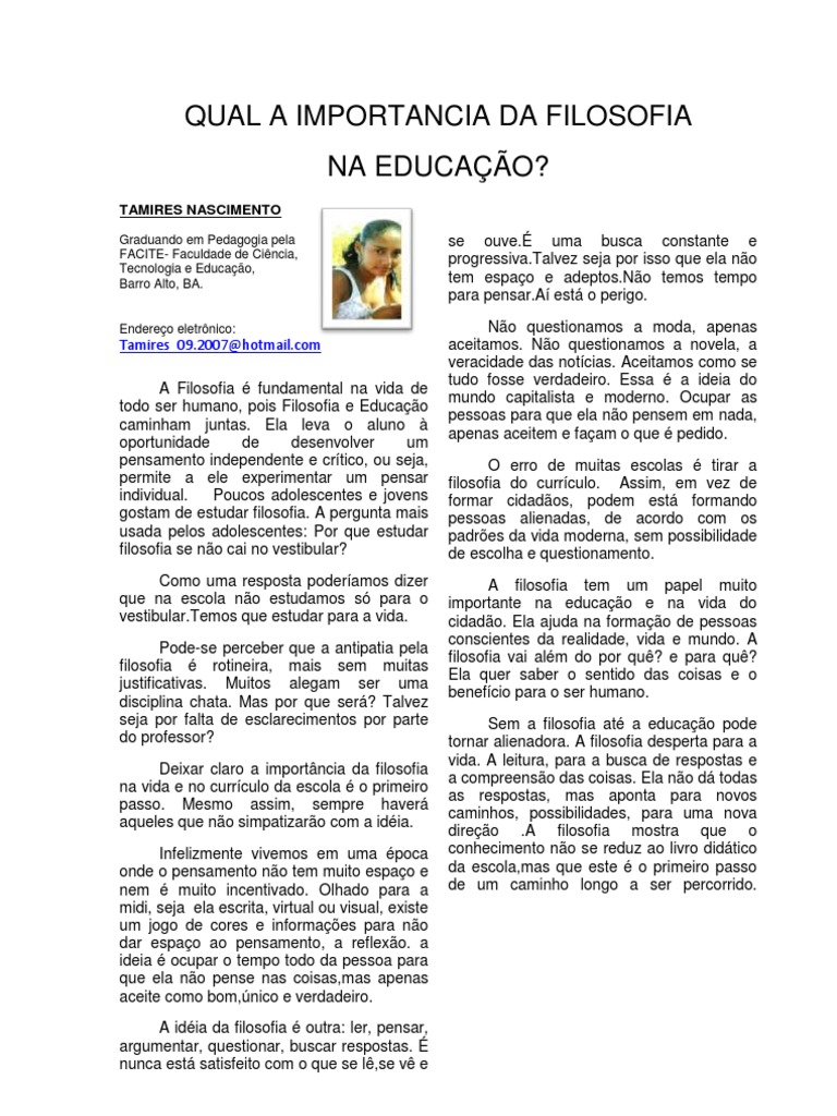 QUAL A IMPORTANCIA DA FILOSOFIA NA EDUCAÇÃO - Por Tamires Nascimento ...