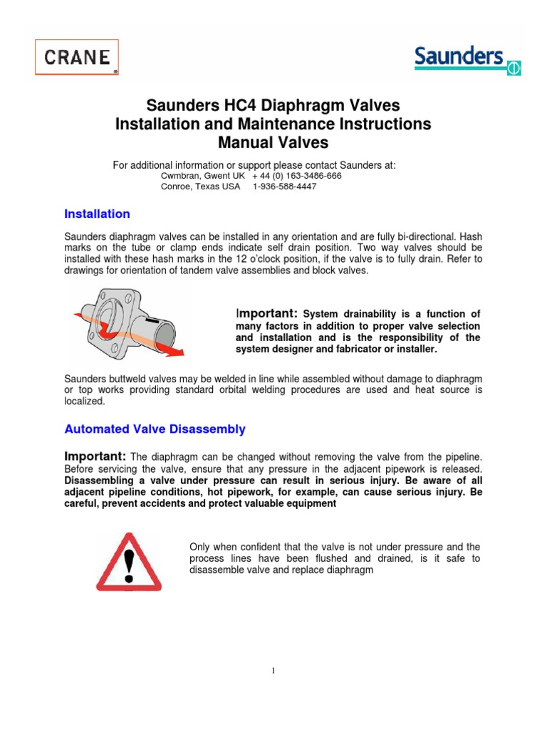 Saunders HC4 Diaphragm Valves Installation and Maintenance Instructions