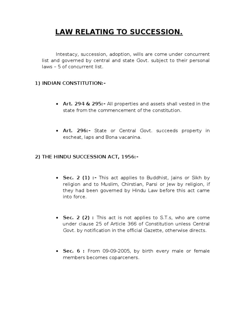 Law Relating to Succession Intestacy Inheritance