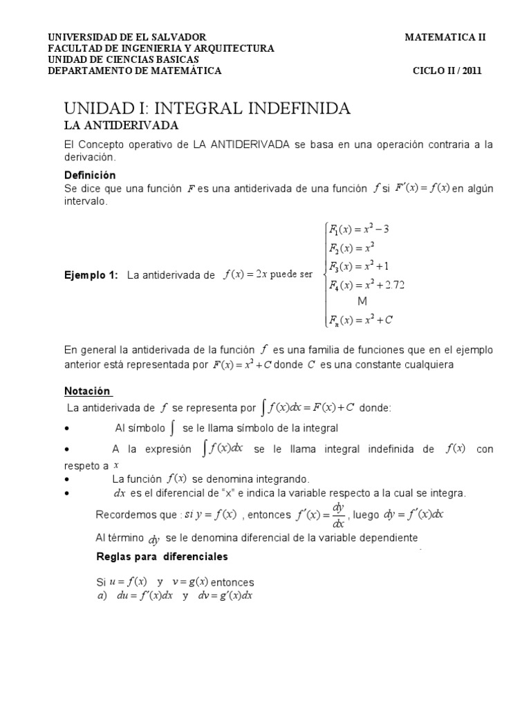 Mat Ii Unidad I Integral Indefinida La Antiderivada Integral