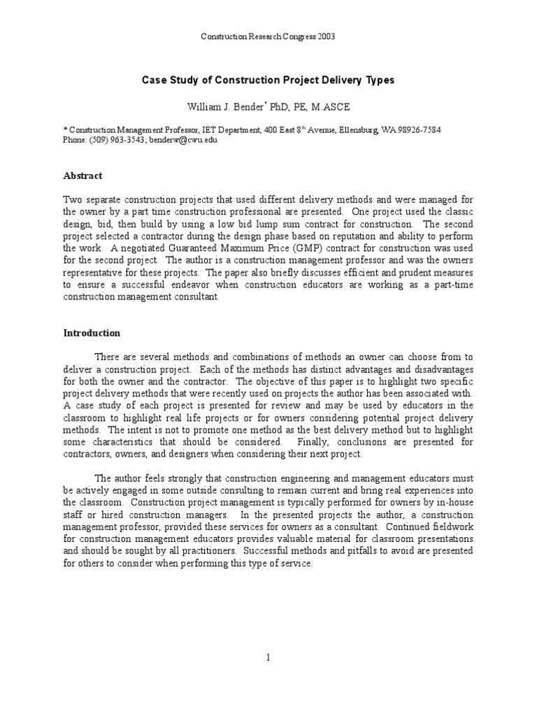 Project Delivery Case T Bender Paper | PDF | Construction Management ...