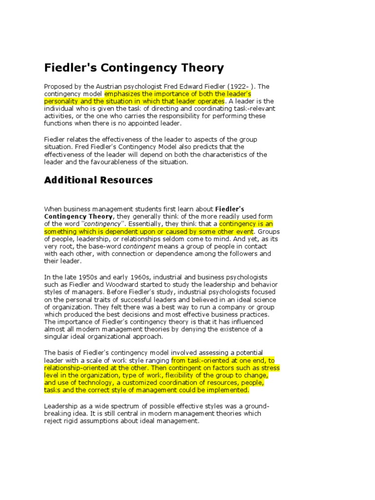 Fiedler's Contingency Theory Explained | PDF | Leadership ...
